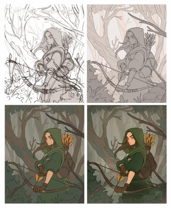 Sketch, line art, flat colors, finished illustration.