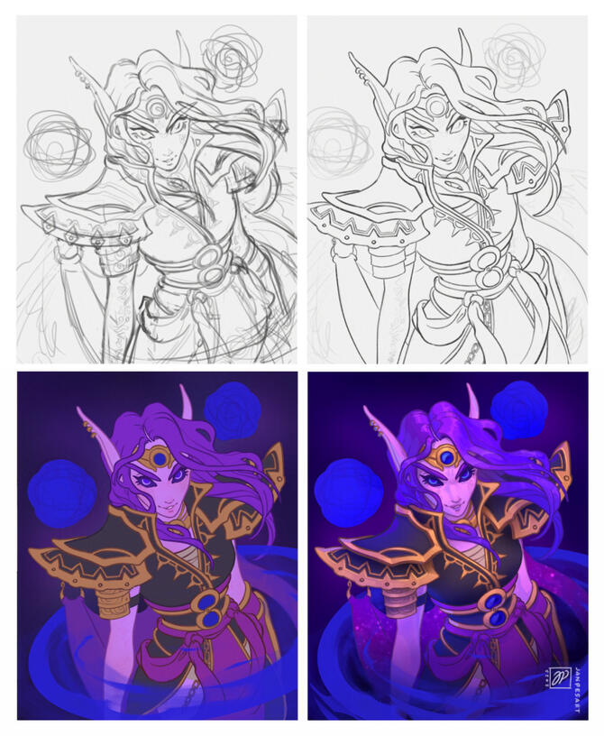 Sketch, line art, flat colors, shading (not finished).