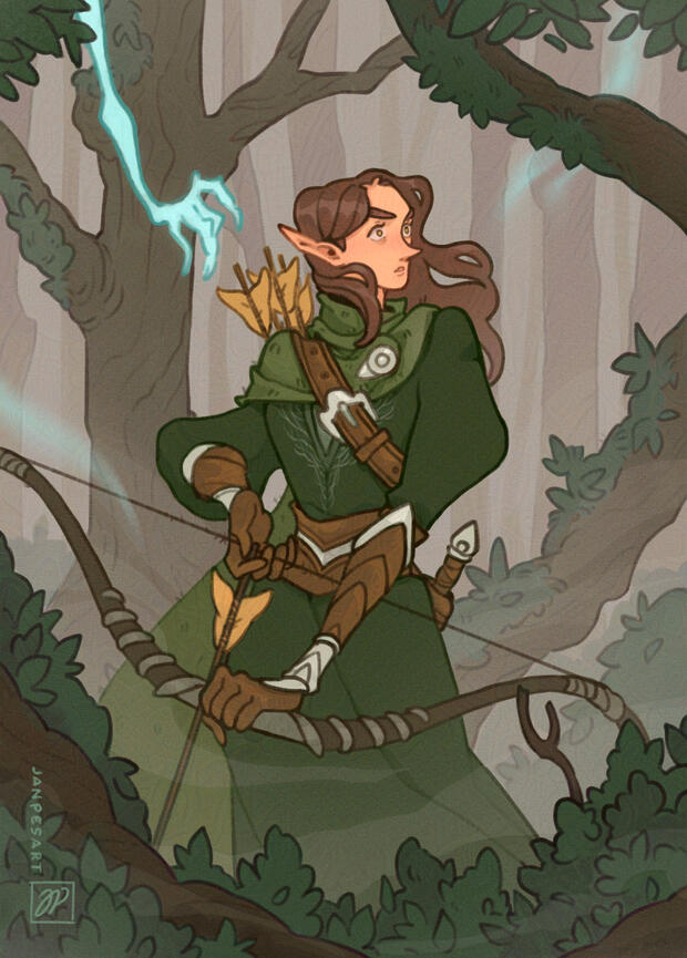 Lord of the Rings Online oc. Maeven is travelling through dark and misty forest called Mirkwood. She's holding a bow ready, looking to her left with a spooked expression while there's a ghostly hand creeping behind her. She's wearing a rugged cloak, a long