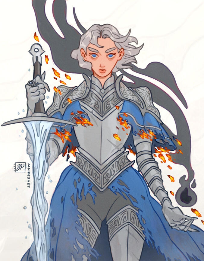 A female knight clad in worn engraved armor and tattered cloth robes. She's posing with her frostbitten sword in her right hand, wielding black flame magic in the other as embers shimmer around her body.