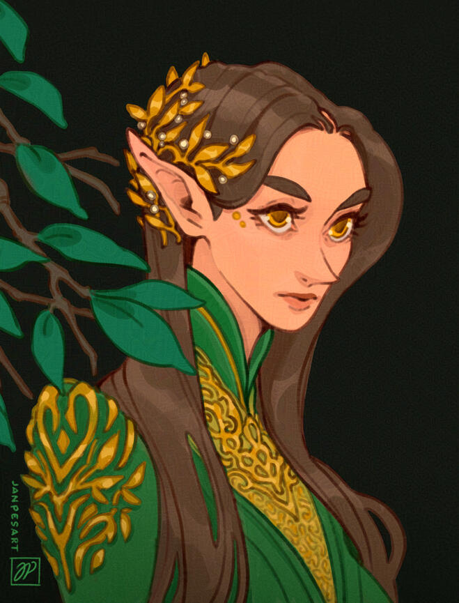 A portrait of my Lord of the Rings Online oc, Maeven of Mirkwood. She is wearing a green and gold embroidered dress and a golden headdress with golden leaves. On the left is a branch with green leaves.
