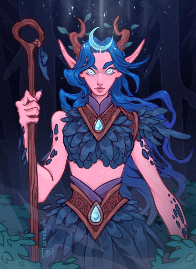 World of Warcraft oc. A night elf druid holding a wooden staff and looking at viewer. She has long blue hair and wooden horns. She's wearing a dark blue feather outfit and there's a crescent moon shining above her forehead. Behind her is a dark misty fores