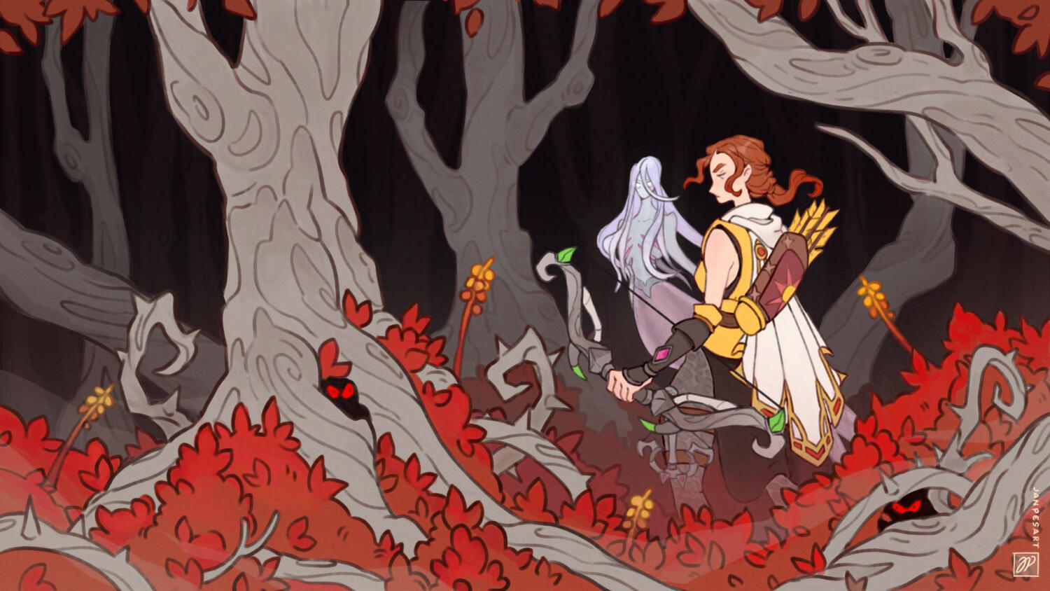 Adventurer walking in the woods with a bow at the ready. Next to her is a pale wisp. The atmosphere in the forest is dark and eerie.