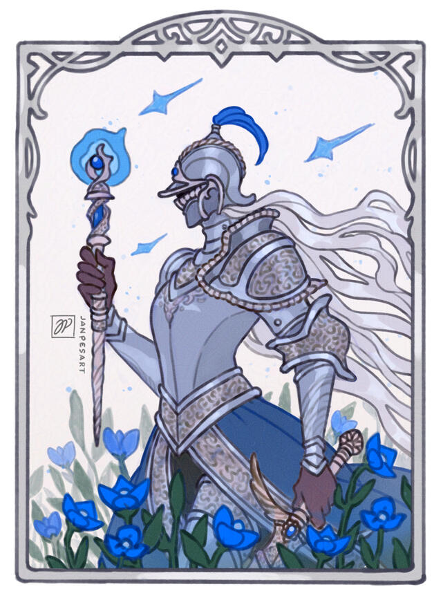 A female knight wearing engraved armor. She's holding a staff in front her in her right hand and a sword in the other. She's conjuring blue magic blades around herself while walking through a field of blue flowers. Around the image is a decorative silver b