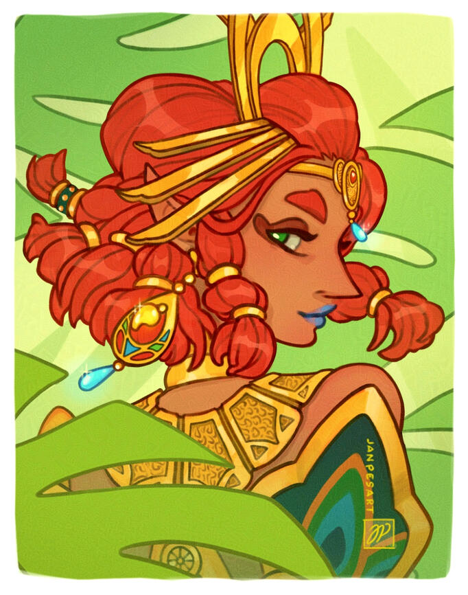 A digital illustration of Riju from Tears of the Kingdom. She looks at the viewer over her shoulder. Her red hair is floating in the wind and there are palm leaves in the background.