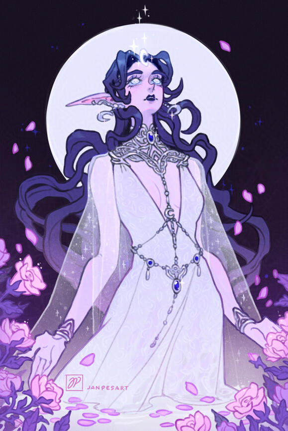 Female night elf looking up with open arms. She's surrounded by glowing roses and there's a moon shape behind her.