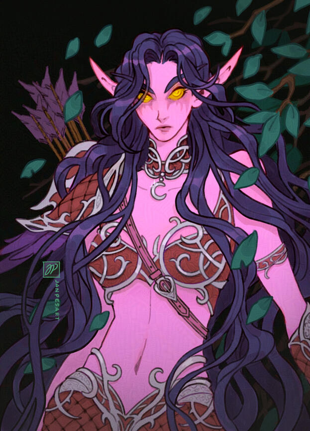 World of Warcraft oc Mae Shadowmoor. She's wearing a night elf sentinel armor.