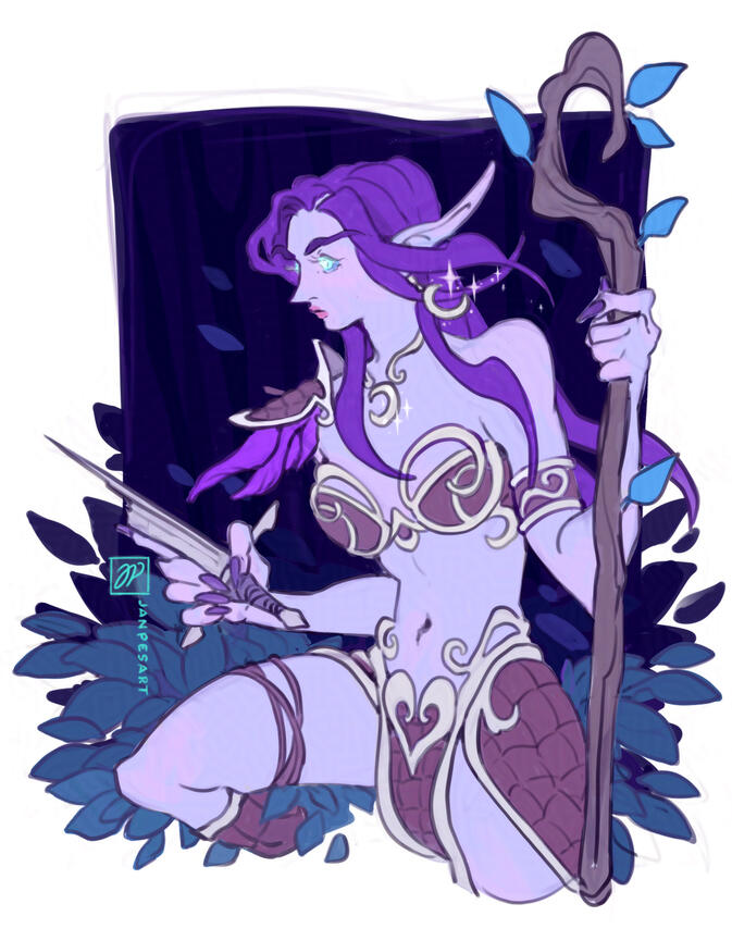 A sketch of a night elf holding a broken sword, reminiscent of a scene in the first cinematic trailer from WoW.