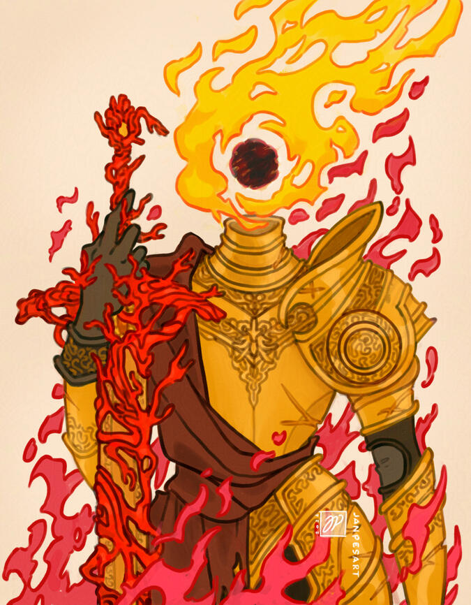 Frenzied Flame Female knight wearing a golden engraved armor with a dark red tabard. She's holding a sword called Blasphemous Blade which is entangling around her hand while bright pink fire is circling around her. As she succumbed into madness her head turned into a fla