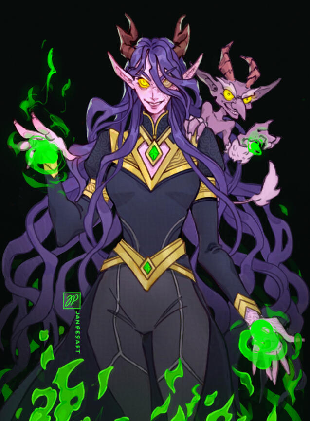 Digital illustration of my Warcraft oc Mae Shadowmoor and her friend imp Zeprot. Both of them are conjuring green fire and smirking menacingly. Mae has very long violet hair and she's wearing an elegant warlock outfit. She also seems to have grown a pair o