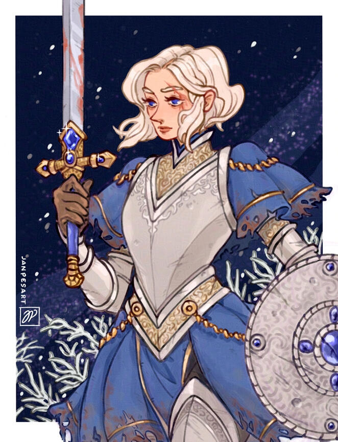 A scarred female knight holding a bloody jeweled blade and a worn jeweled buckler. She is wearing dirty and worn blue cloth dress underneath a finely engraved armor, also showing signs of extensive use in battle. In the background is snowy branches against