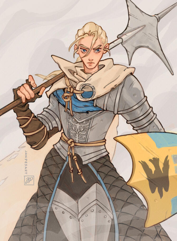 Commission of a Elden Ring oc. Vivecka is holding a shield with a falcon coat of arms on it and a spear on her shoulder. She's wearing a worn armor with robe underneath it and a tattered cloak. Her hair and cloak is swaying in the wind and there's mist aro