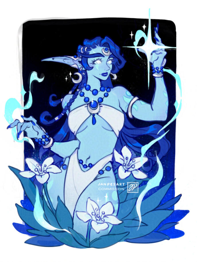 Character belongs to Vestelle (Bsky). Colored sketch commission. Night elf holding a star in her hand and some lunar magic circling her. There's moonflowers around her.