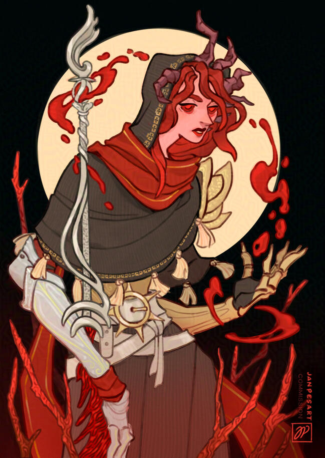 Character belongs to Luffer. A woman is leaning to her weapon, looking exhausted. There's blood circling from her hand to her weapon. She is wearing red and black garb with armor underneath and has horns growing from her face.