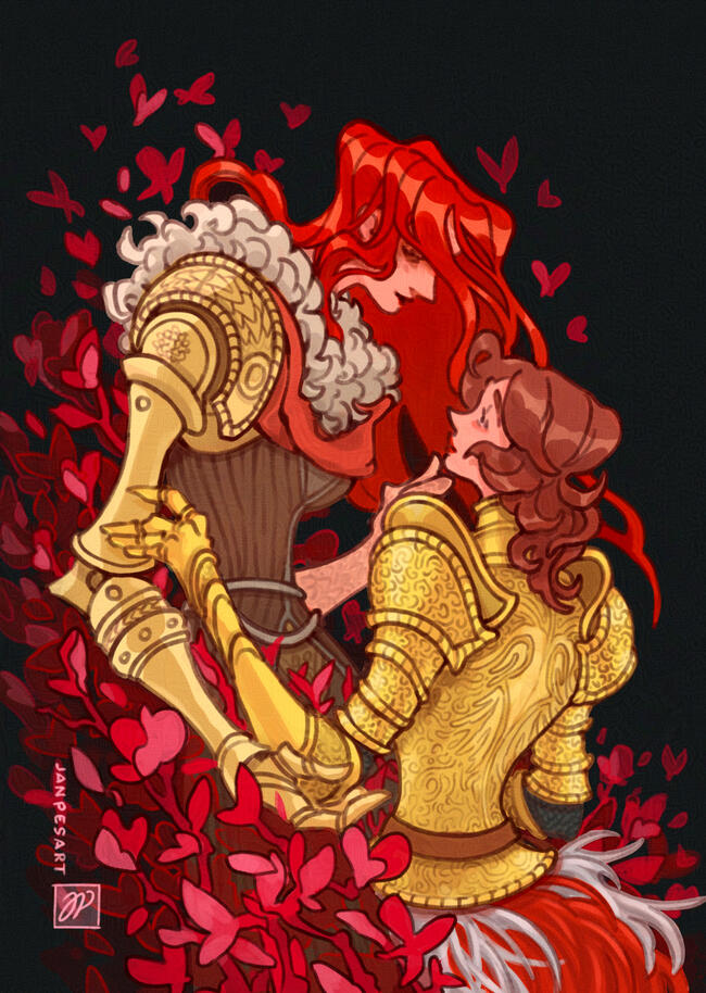 Malenia is embrasing Tarnished, while surrounded by scarlet rot. Malenia (on the left) has long red hair and she's wearing an unalloyed gold prosthesis arm, a fur cape and a brown dress. Tarnished has reddish hair and she's wearing a golden engraved armor