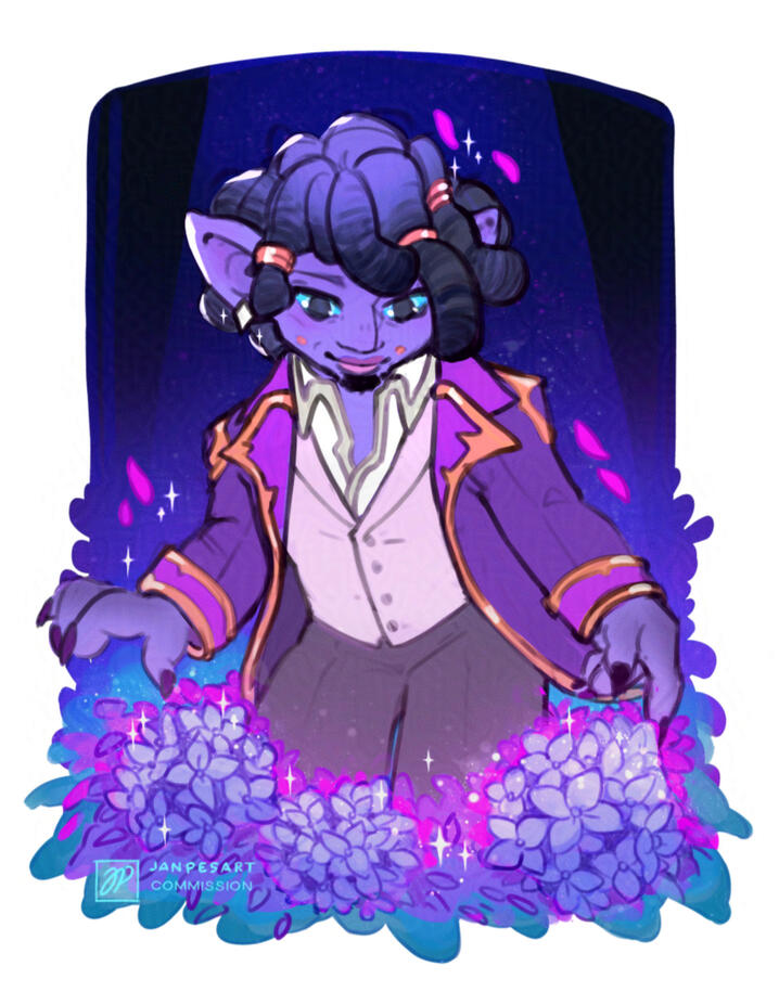 An asura leaning towards hydrangea flowers around him.