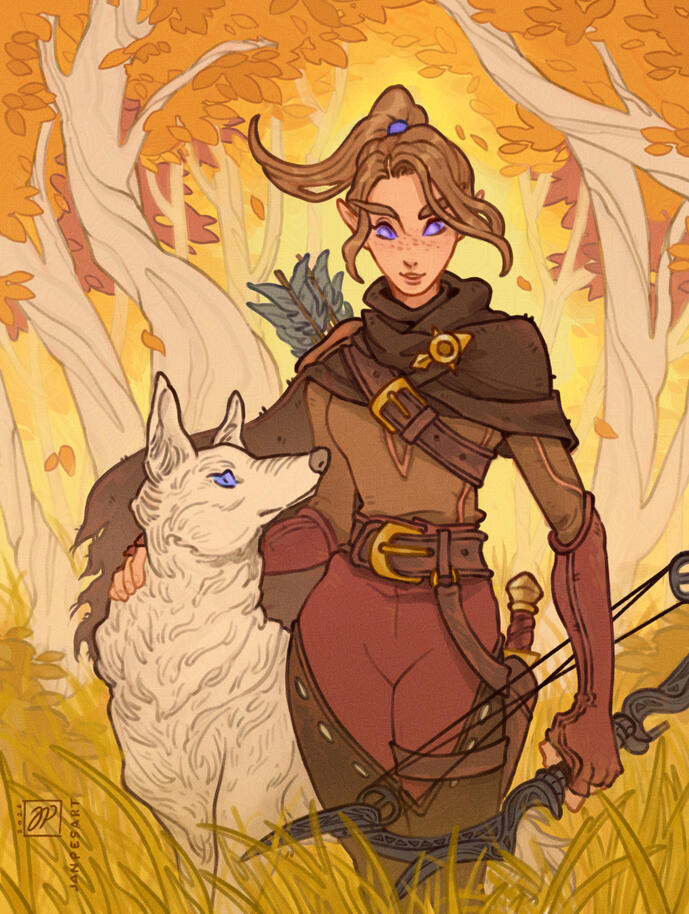 Half-elf girl Illiaryn and her companion wolf Maia standing amid tall grass in the Silvermoon forest. Illiaryn pets Maia while holding a bow in her left hand. Her hair and rugged cloak sway in the wind.