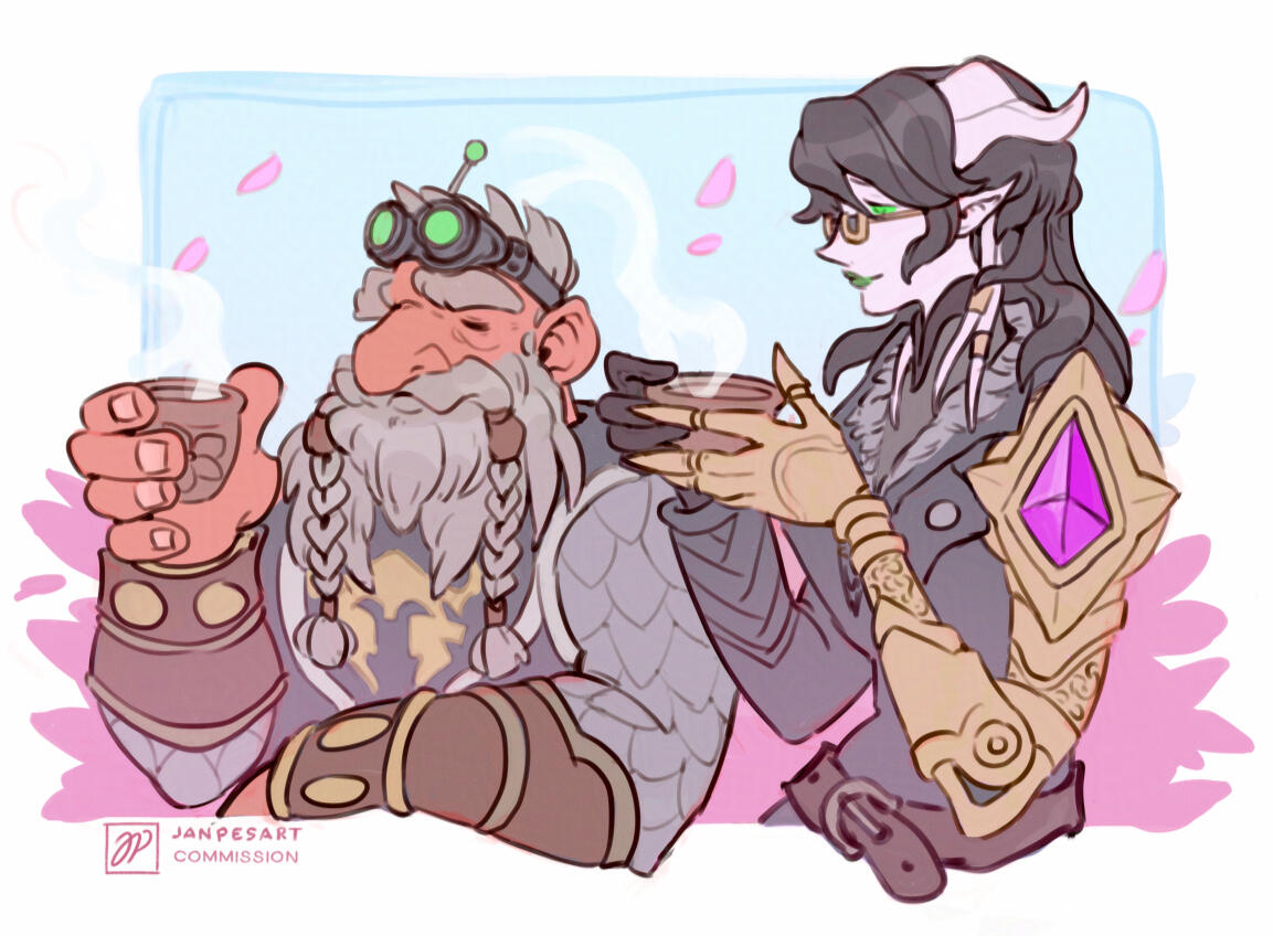 Characters belongs to Uwummi. Dwarf and draenei having a peaceful coffee break.