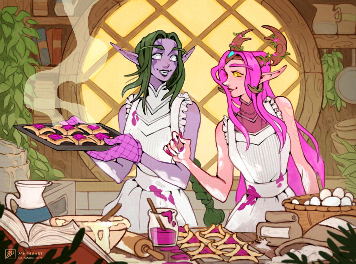 Two night elves are baking jelly tarts. The kitchen is a mess after a fun baking fight.
