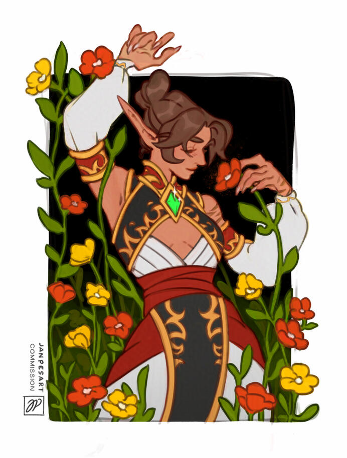 Character belongs to Chugway (on Bluesky). Colored sketch commission. A blood elf surrounded by flowers.