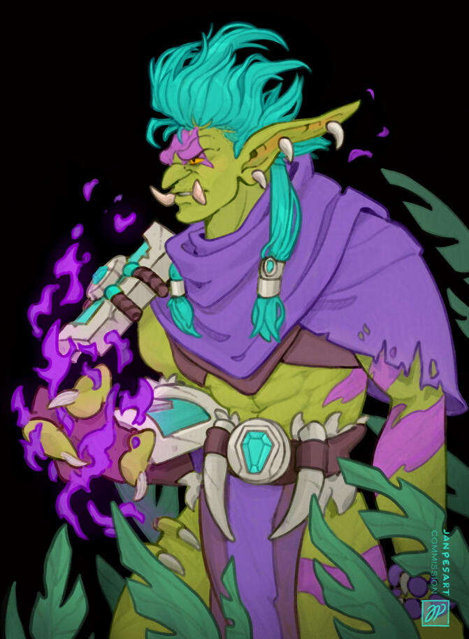Zul'Jan from World of Warcraft. He is looking to the left while conjuring shadow magic. There is leaves around him.