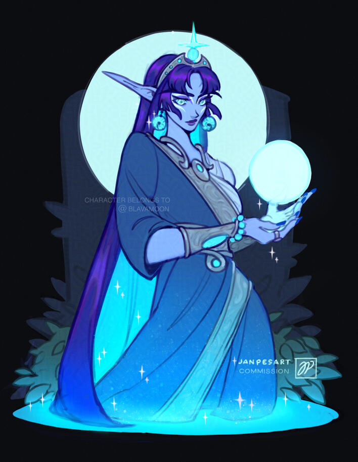 Character belongs to Blavamoon. Night elf woman gently holds a bright orb in her hands while standing in the water.