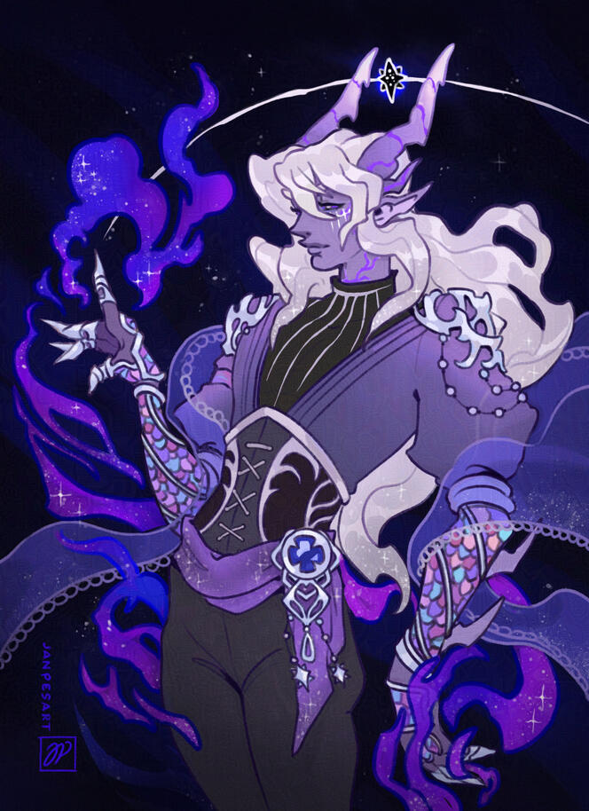 Astraszion is floating, surrounded by shadowy mist. He has long white hair and horns with a black star between them and he is wearing an outfit decorated with silver jewelry.