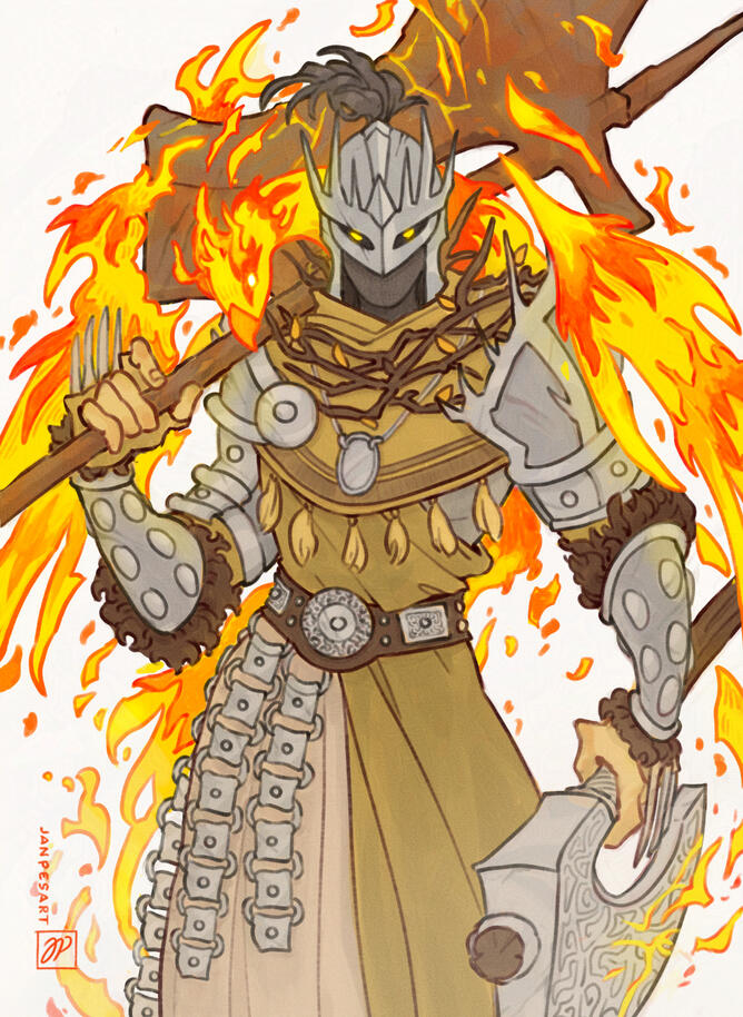 Commission of an Elden Ring oc. Vivecka is holding a huge rusty axe on her shoulder and a smaller engraved axe on her side. Both of them are crackling with fire. She's wearing a light brown robe, metallic shoulder pieces, branches around her neck and chain