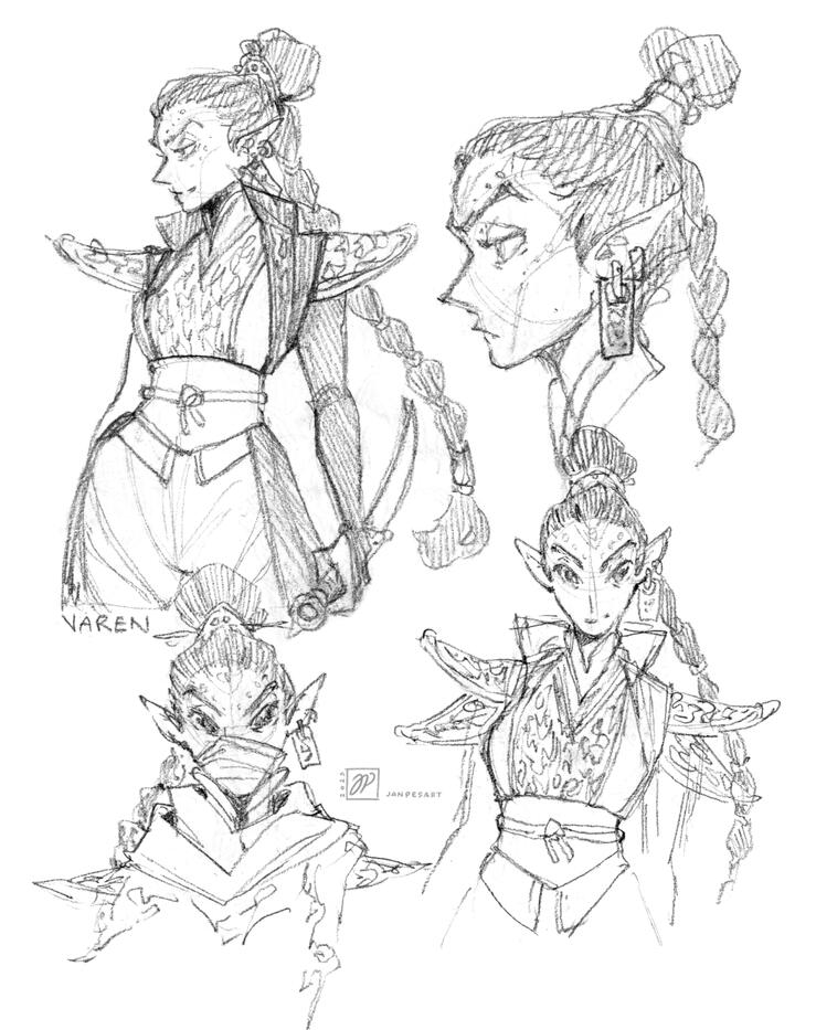 Traditional sketches of my Morrowind oc, Varen.
