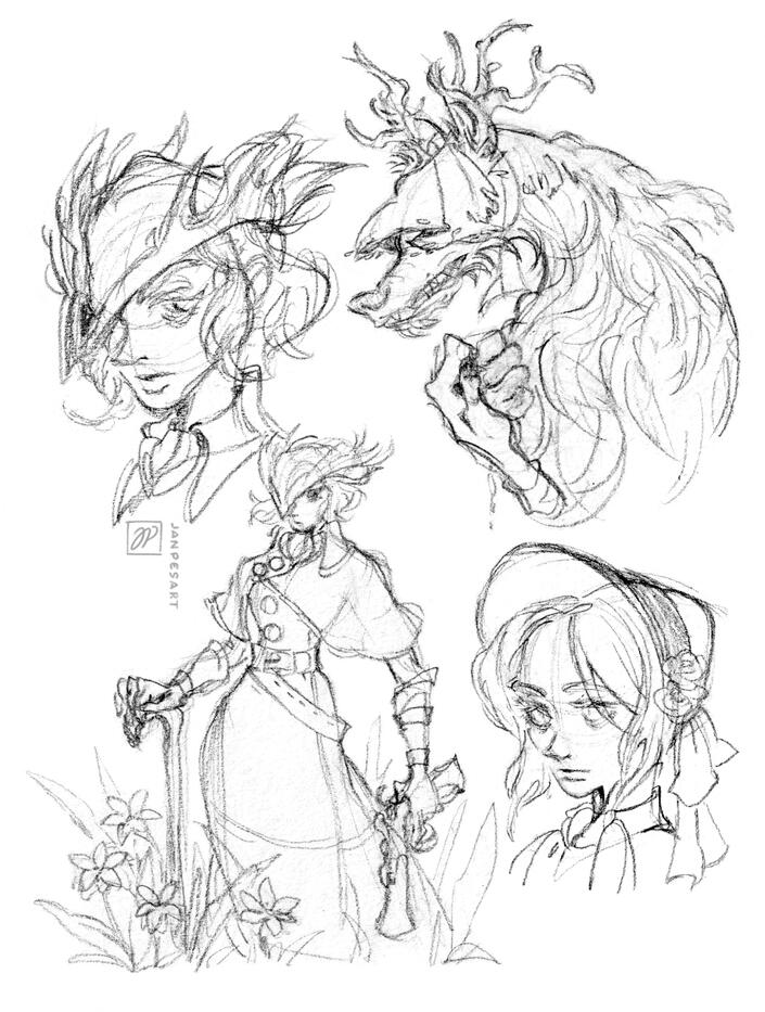 Traditional sketches of my Bloodborne oc and the doll and Vicar Amelia.