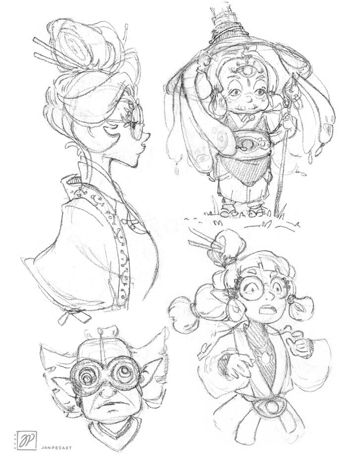 Traditional sketches of sheikah characters from Zelda.