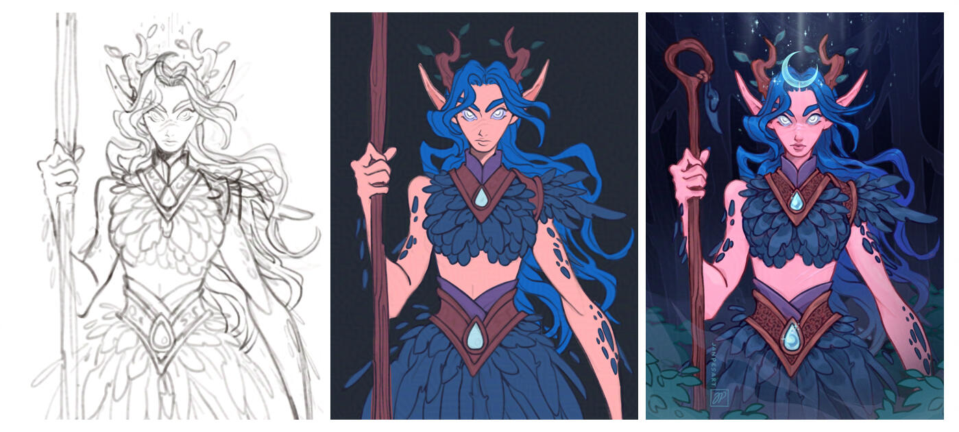 Sketch, line art and flat colors, finished illustration.