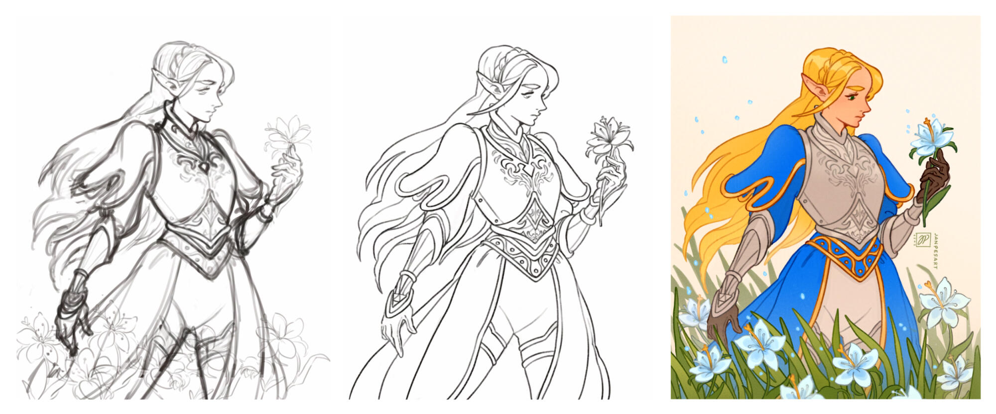 Sketch, line art, finished illustration.