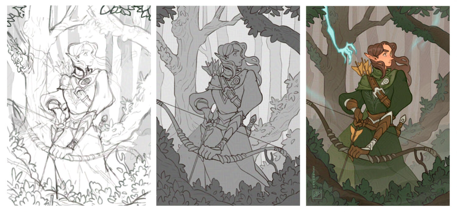 Sketch, line art, finished illustration.